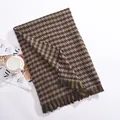 Premium houndstooth check pattern warm winter scarf with brown and green earth tones. - Short Fringe Houndstooth / Green / Over 175cm