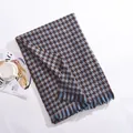 Classic soft blue and brown houndstooth winter scarf with tassels in stylish flat lay setup - Short Fringe Houndstooth / Blue / Over 175cm