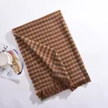 Brown houndstooth thick warm imitation cashmere scarf for autumn and winter outfits - Short Fringe Houndstooth / Brown / Over 175cm