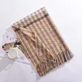 Yellow and grey houndstooth plaid scarf with fringe, warm imitation cashmere winter wrap - Long Fringe Houndstooth / Yellow / Over 175cm