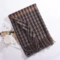 Classic houndstooth patterned winter scarf with soft tassels in warm brown tones - Long Fringe Houndstooth / Brown / Over 175cm