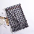 Elegant blue and brown houndstooth patterned scarf with fringe for winter warmth. - Long Fringe Houndstooth / Blue / Over 175cm