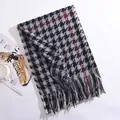 Classic black and white houndstooth plaid scarf with tassels for winter warmth. - Long Fringe Houndstooth / Gray / Over 175cm