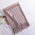 Soft pink and grey houndstooth pattern faux cashmere winter scarf with elegant fringe tassels - Long Fringe Houndstooth / Pink / Over 175cm