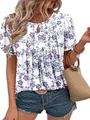 Elegant bohemian floral print short sleeve top with pleated round neck for women casual wear - S / White Blue Purple Floral