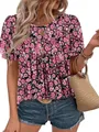 Bohemian pink floral print short sleeve round neck pleated top for women - S / Pink/White/Black Floral