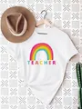 Women's casual white t-shirt featuring a colorful rainbow and TEACHER letter print - S / Tops / White Rainbow Letter Style (8)