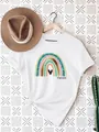 Detailed view of rainbow print with Teacher Life hashtag on a white cotton T-shirt. - S / Tops / White Bohemian Rainbow TeacherLife (10)
