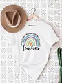 Close-up of a stylish white cotton t-shirt with a Teacher rainbow and heart print - S / Tops / White Rainbow Teacher Style (11)