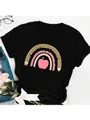 Detailed view of teacher-themed rainbow pencil and apple print on black t-shirt - S / Rainbow Pencil Teacher Style (16) / Black / Tops