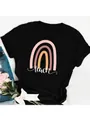 Detailed view of the creative rainbow and teach graphic on a black women's cotton T-shirt - S / Tops / Black Morandi Rainbow teach Print (25)