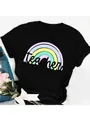 Womens black cotton T-shirt featuring a colorful rainbow and Teacher script design - S / Tops / Black Rainbow Teacher Style (26)