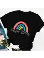 Detailed view of a black casual cotton T-shirt featuring a colorful Teacher Strong rainbow print - S / Tops / Black Teacher Strong Print Style (31)