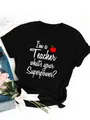 Close-up detail of a black cotton t-shirt with 'I'm a Teacher what's your Superpower?' print. - S / Tops / Black Superpower Apple Print Style (32)