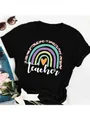 Detail view of colorful rainbow and teacher text print on a black women's t-shirt - S / Tops / Black Rainbow Leopard Teacher Style (35)
