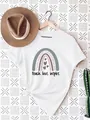 Detailed view of women's white cotton T-shirt featuring a boho rainbow and teach love inspire print. - S / Tops / White Bohemian Rainbow Style (37)