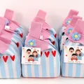 Small knitted heart pattern gift bag with blue stripes and pink handle for weddings - 16x28cm (Without Card) / Blue-White Striped Heart (With Blue Flower)