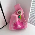 Pink knitted wrist bag with a plush flower accessory for gift packaging and souvenirs. - 16x28cm / Pink Base Red Sunflower (With 3D Pink Flower)