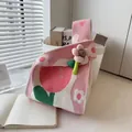 Small pink floral knitted wrist gift bag for wedding favors and birthday presents - 16x28cm / Pink-White Jacquard Heart (With Pink 3D Flower)