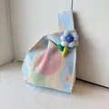 Knitted floral gift handbag with pastel heart patterns for weddings and parties. - 16x28cm / Blue-Pink Heart Jacquard (With Blue 3D Flower)