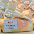 Floral knitted small wrist gift bag with decorative blue flower pin for party favors - 16x28cm / Yellow-Blue Color Block Floral (With Blue Flower/Tag)