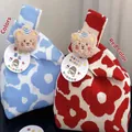 Knitted handheld gift bags with cute plush bear in red and blue floral patterns for gifts - 16x28cm (Without Card) / Red Base White Flower (With Hat Bear)