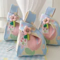 Decorative knitted floral gift bag with 3D plush flower and Happy Women's Day card - 16x28cm / Cyan Base Jacquard One Flower (With Pink 3D Flower/Tag)
