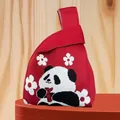 Red knitted wrist gift bag featuring a cute panda and white flower pattern for gifts - 16x28cm / Panda Floral Red