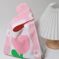Handmade pink and white knit knot wrist bag with heart and floral patterns for gifts - 16x28cm / Pink One Flower (Pink-White Spliced)