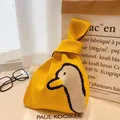 Handmade yellow knitted wrist bag with a cute white duck pattern for gift packaging - 16x28cm / Yellow Style (Little Duck)
