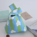 Cute knitted wrist bag gift pouch with blue green vertical stripes and white cloud patterns - 16x28cm / Cyan-Green Striped Jacquard Flower