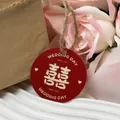 Knitted wedding favor bag with red Double Happiness tag and rustic twine string detail - 10 Sheets Set / Double Happiness Wedding Card