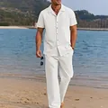 Men's white linen-style beach set with short sleeve button shirt and loose pants - M / White