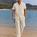 Men's casual two-piece summer beach set with short sleeve button shirt and loose pants. - M / Apricot