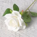 Elegant single white velvet artificial rose flower branch with realistic green leaves - White (Velvet)