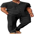 Men's casual solid black two-piece beach set featuring a short sleeve button shirt and pants - M / Black