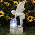 Detailed grey resin flower fairy garden statue featuring a glowing solar crystal ball - White Light Flower Fairy