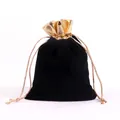 Elegant black velvet jewelry pouch with metallic gold drawstring closure for gift storage - 10*12cm / Gold Trim Drawstring Pouch / Black