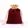 Elegant burgundy velvet drawstring jewelry pouch with gold metallic trim and cords - 10*12cm / Gold Trim Drawstring Pouch / Burgundy