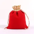 Elegant red velvet jewelry drawstring pouch with luxurious gold metallic trim detail - 10*12cm / Gold Trim Drawstring Pouch / Red