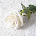 Single stem white velvet artificial rose with realistic green leaves for wedding decor - Large Velvet Rose White