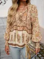 Boheemse blouse met bloemenprint, V-hals en lange mouwen voor dames - S / Bloemenprint 4