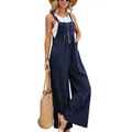 Retro navy blue sleeveless overalls jumpsuit with wide-leg pants and straw bag styling - S / Dark Blue