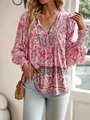Camicetta bohémien rosa a fiori con scollo a V e laccetti per donne stile vacanza - Modello 5