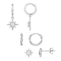 Set of silver star drop earrings and twisted hoop studs with cubic zirconia inlay - Silver