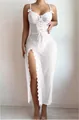 Elegant white lace and mesh transparent lingerie dress with high slit and bow straps - S / White