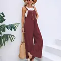 Élégante combinaison rétro décontractée pour femme couleur unie à jambes larges - Bordeaux