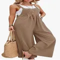 Vintage brown solid color wide leg casual overalls for women - S / Camel