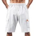 Detail of white breathable linen cargo shorts for men with pockets and drawstring. - S / White