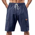 Detailed view of navy blue breathable linen cargo shorts with side pockets and drawstring. - S / Navy Blue